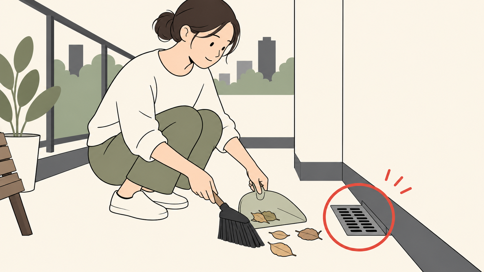 洗浄前に排水口のそばの落ち葉を集める成人