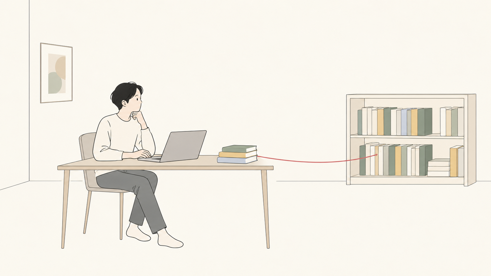 配本予定と家の本棚を照らし合わせる親のイラスト