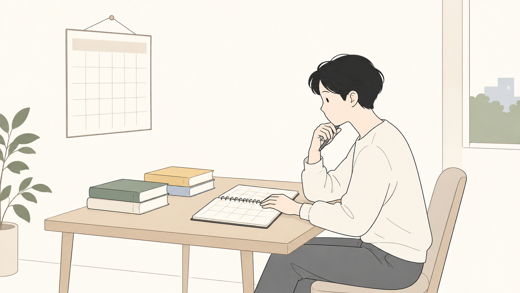 手帳と二つの本の山を見比べて受け取る月を考える親のイラスト
