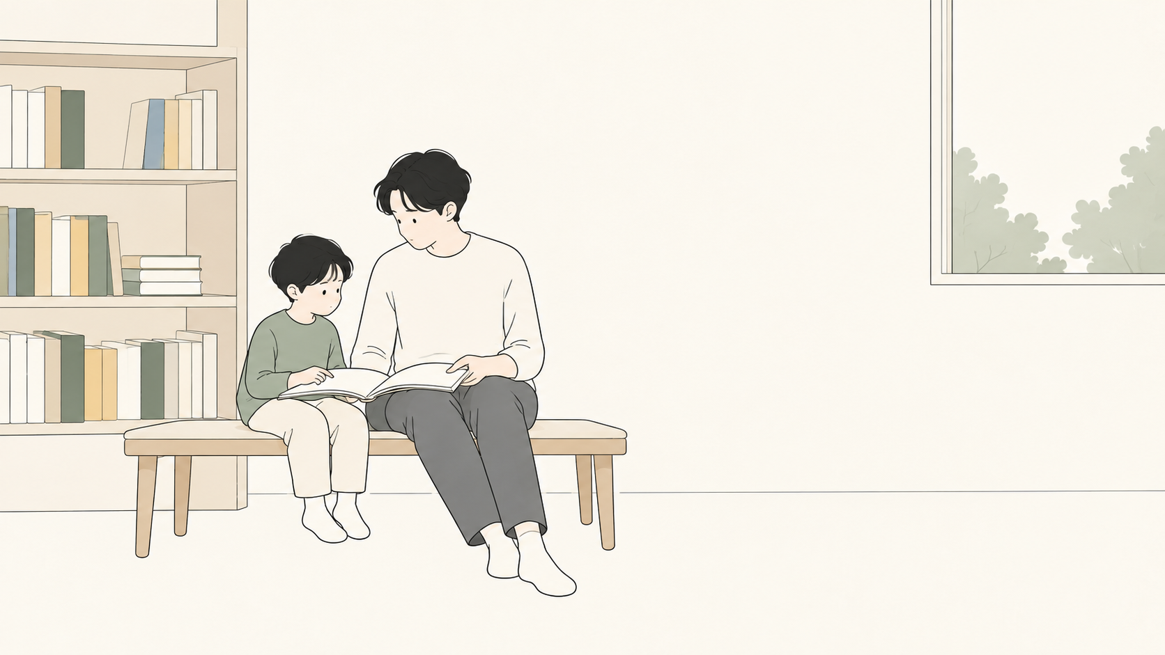 親と小学生くらいの子どもが本棚のそばで一冊を開く一般的な読書場面のイラスト