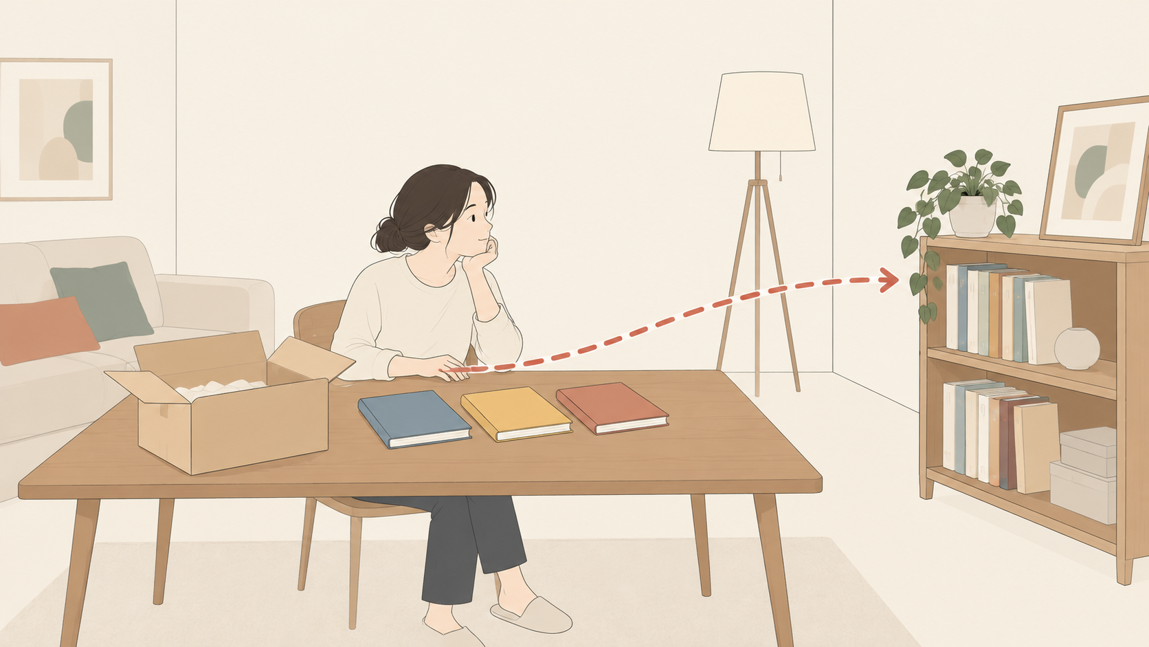届いた絵本と手持ちの本棚を見ながら定期便を考える親のイラスト