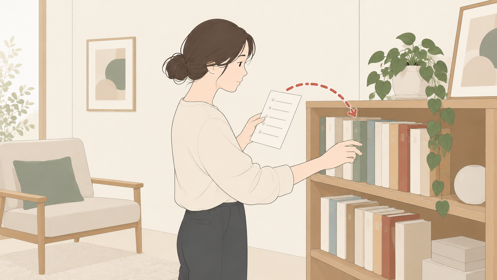 本棚にある絵本と配本リストを照らし合わせる親のイラスト