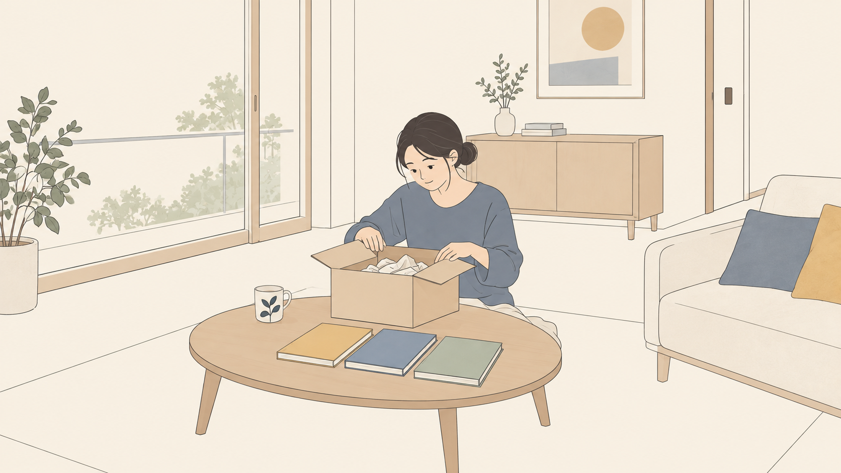 届いた箱と無地の絵本三冊をテーブルに広げる親のイラスト