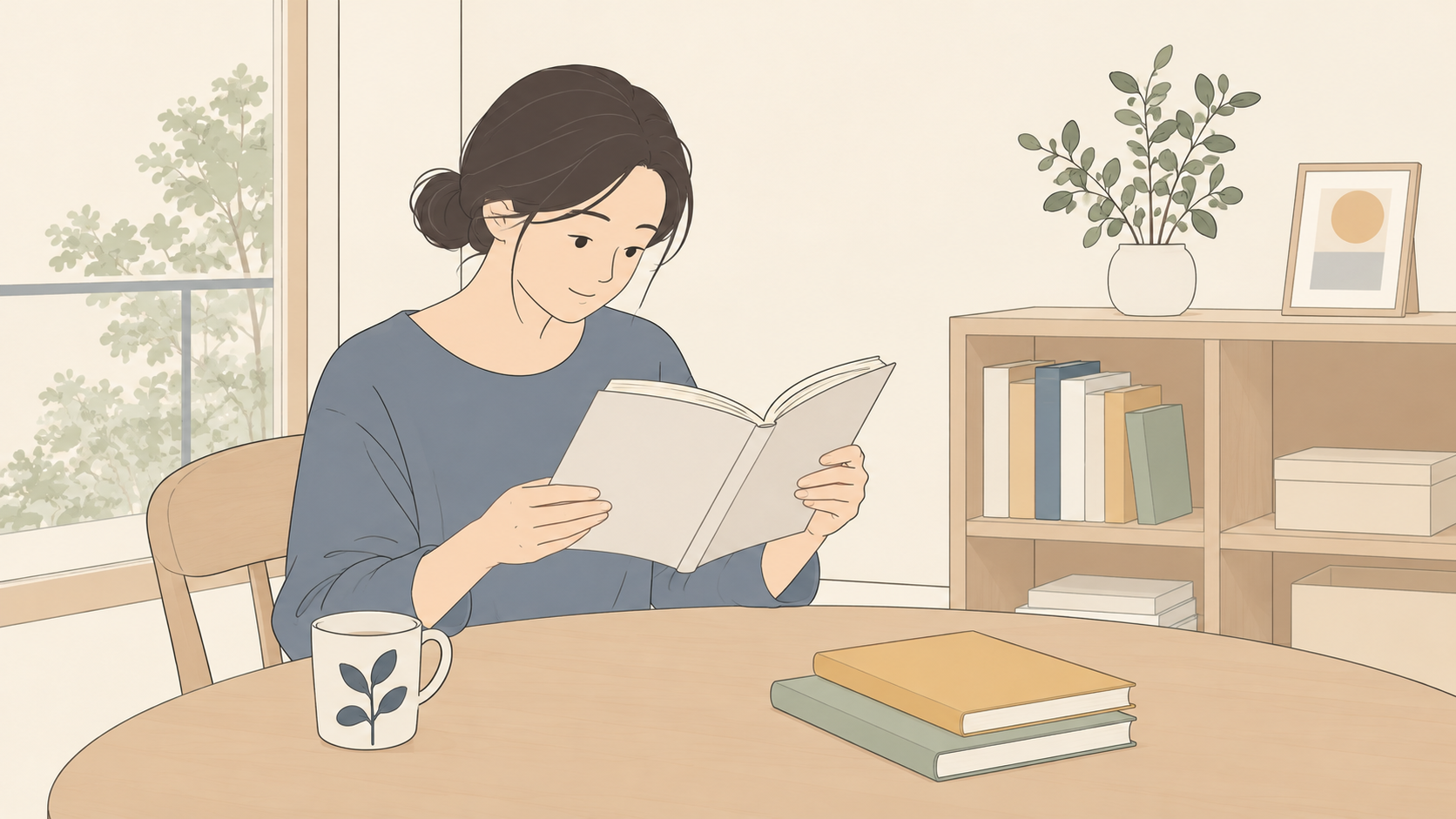 家の本棚のそばで絵本のページを開いて確認する親のイラスト