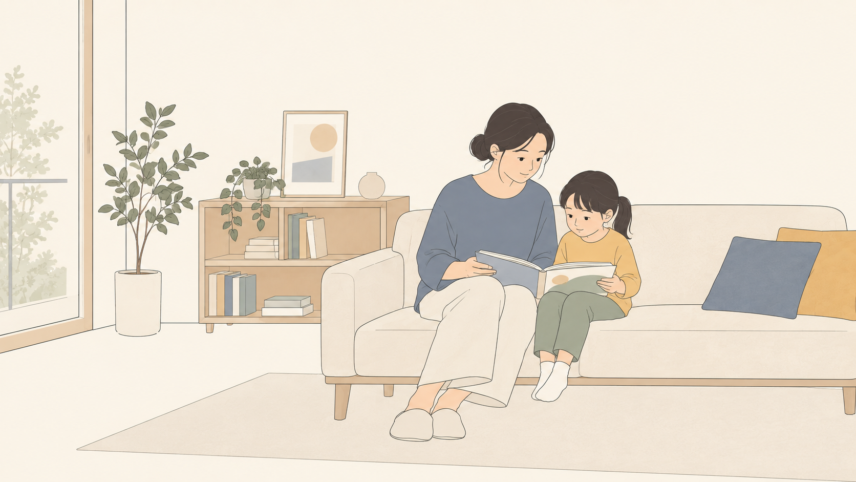 親と小学生くらいの子どもがソファで一冊の絵本を一緒に読むイラスト