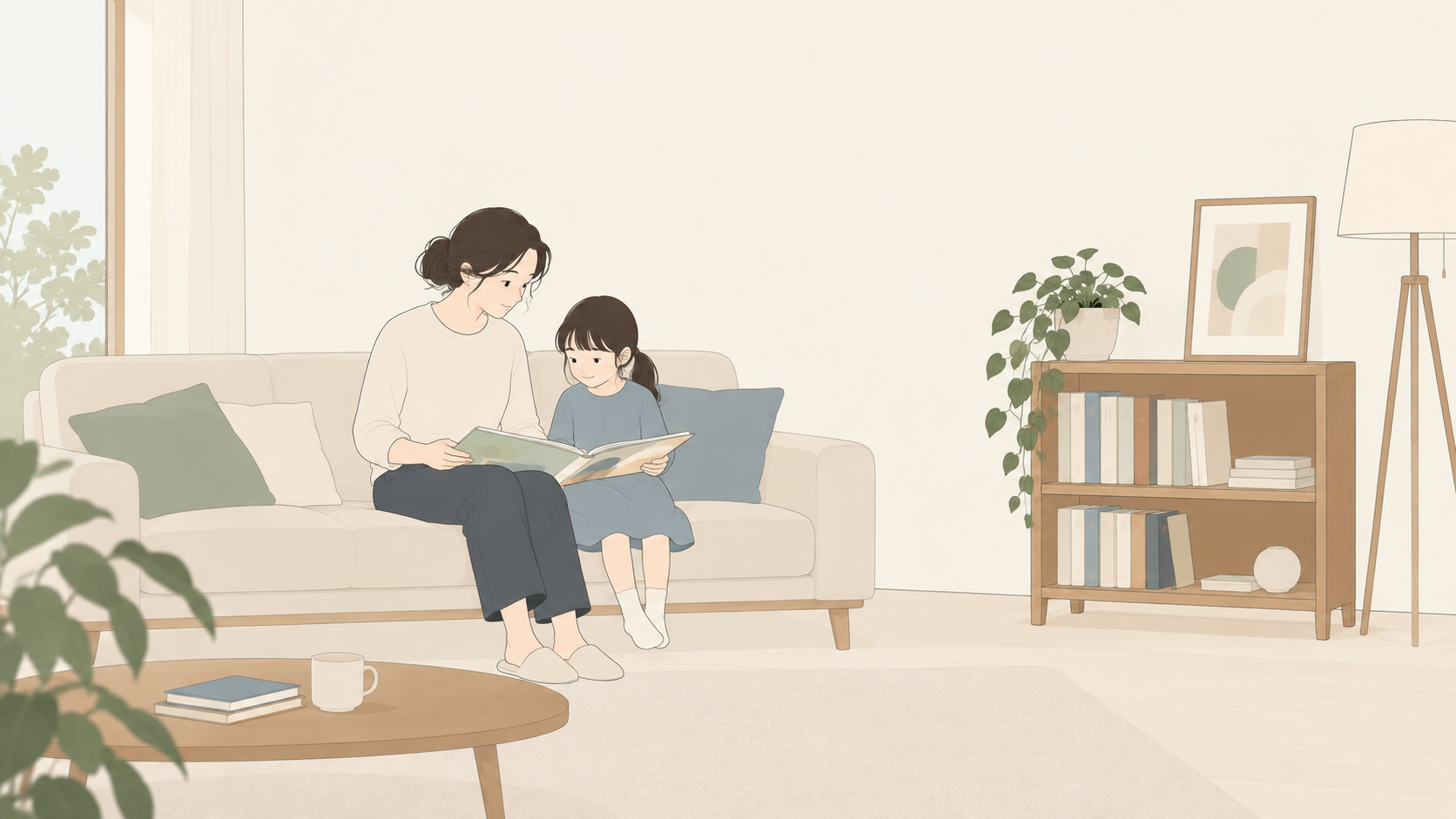 親と小学生くらいの子どもが家の絵本を並んで読むイラスト