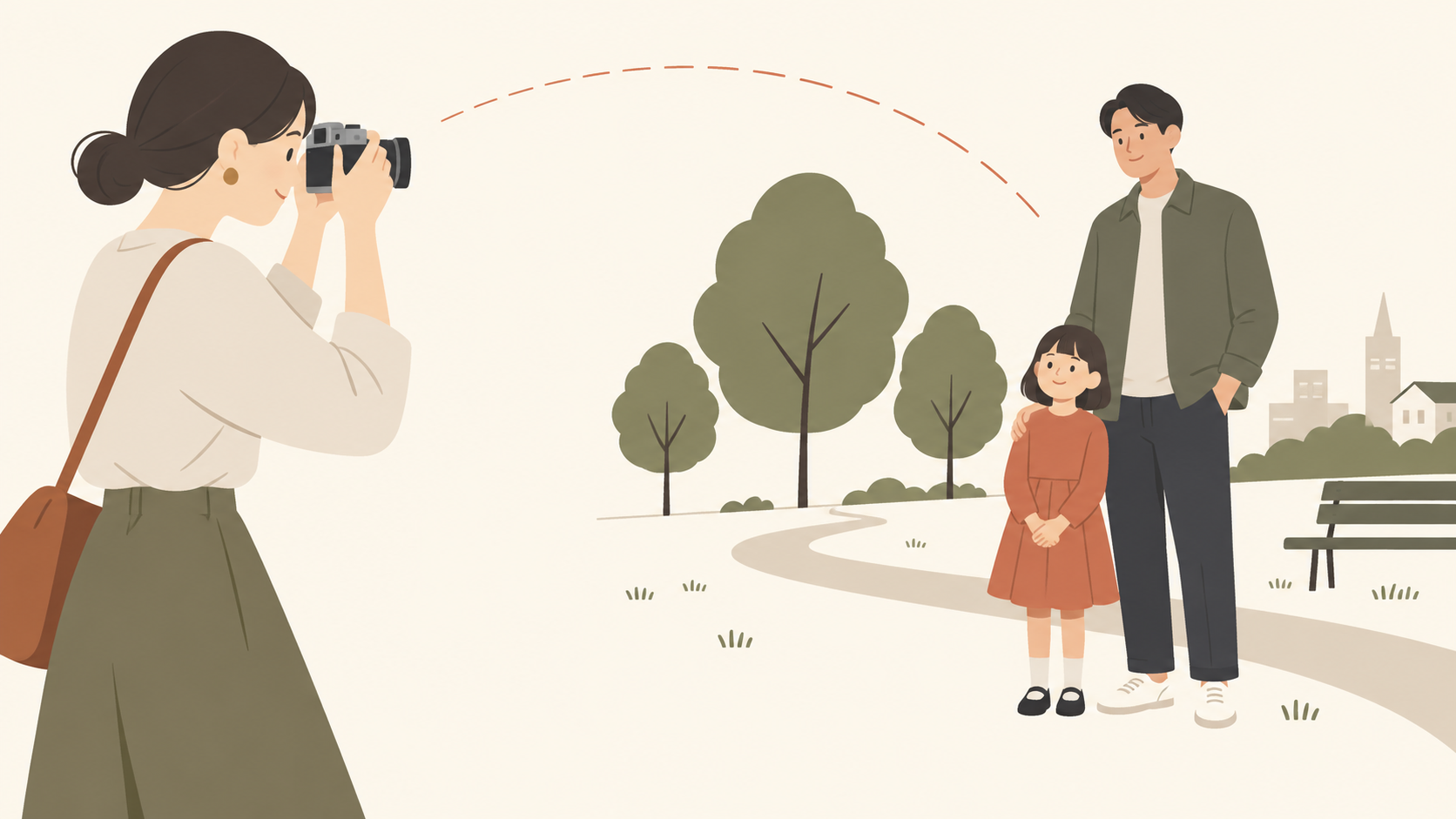 少し離れた家族へカメラを向ける場面のイラスト