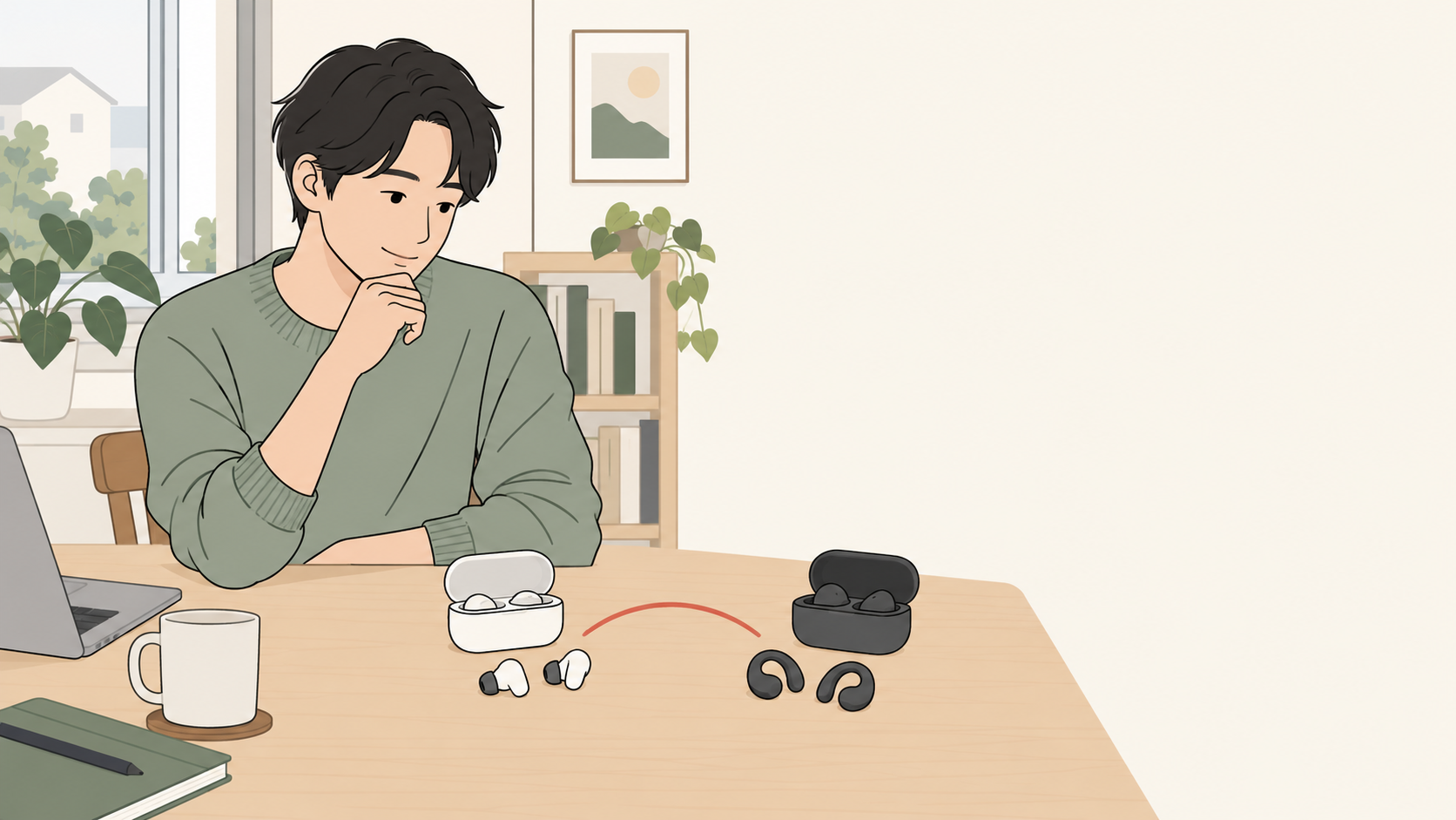 購入前に異なるタイプのイヤホンを比べるイメージ