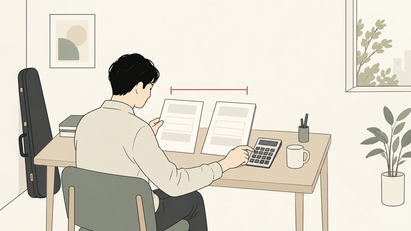 自宅の机で料金用紙と電卓を確認する保護者