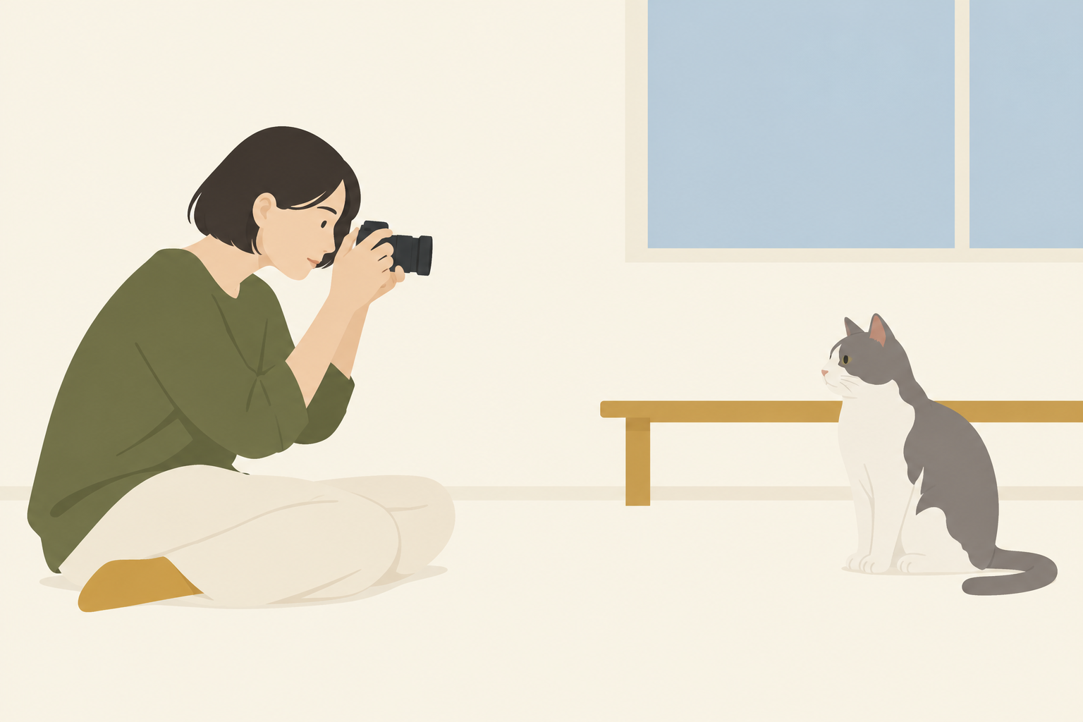 室内で低い目線から犬猫をカメラで撮る人のイメージ