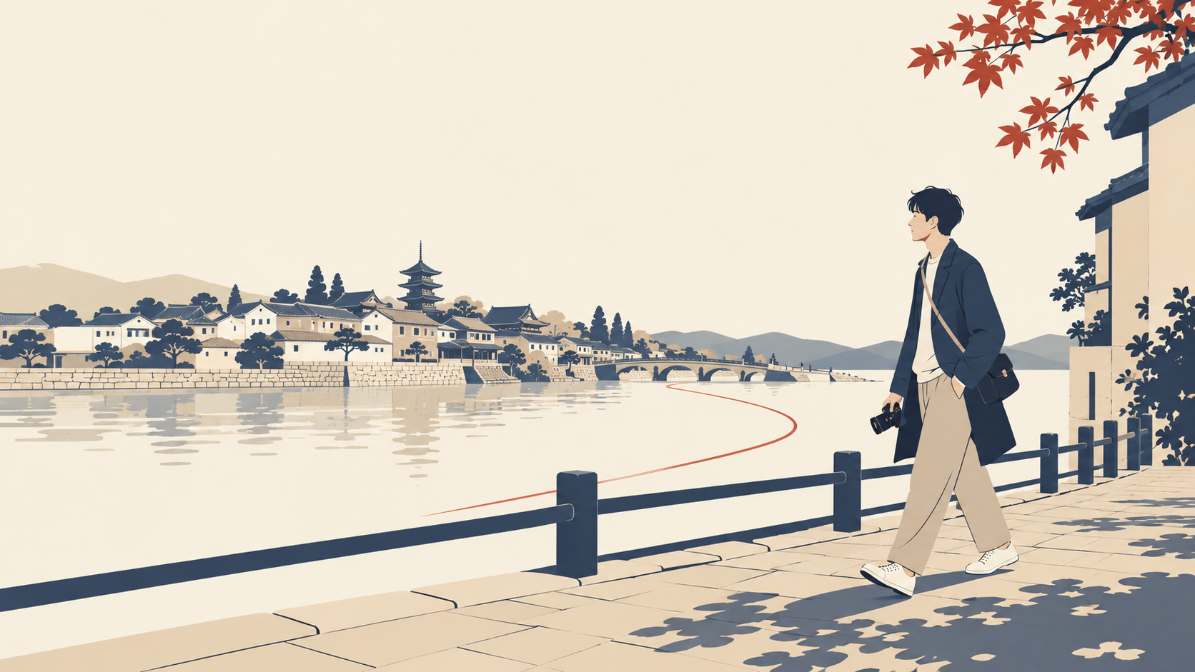 カメラと小さなバッグを持って旅先を歩く人。持ち歩ける重さと必要な範囲から一本を選ぶ