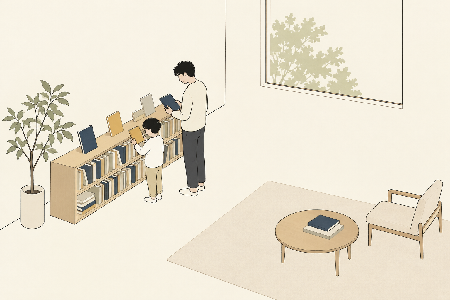 本棚のそばで本を選ぶ親と小学1年生くらいの子どものイラスト