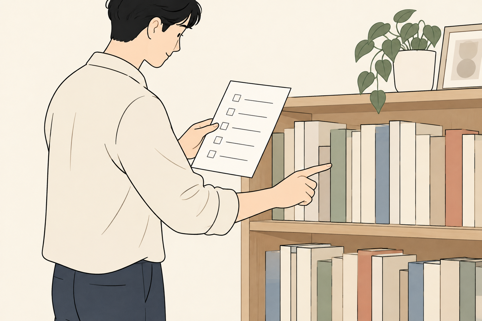 本棚の本と配本予定の紙を見比べる親の手元のイラスト