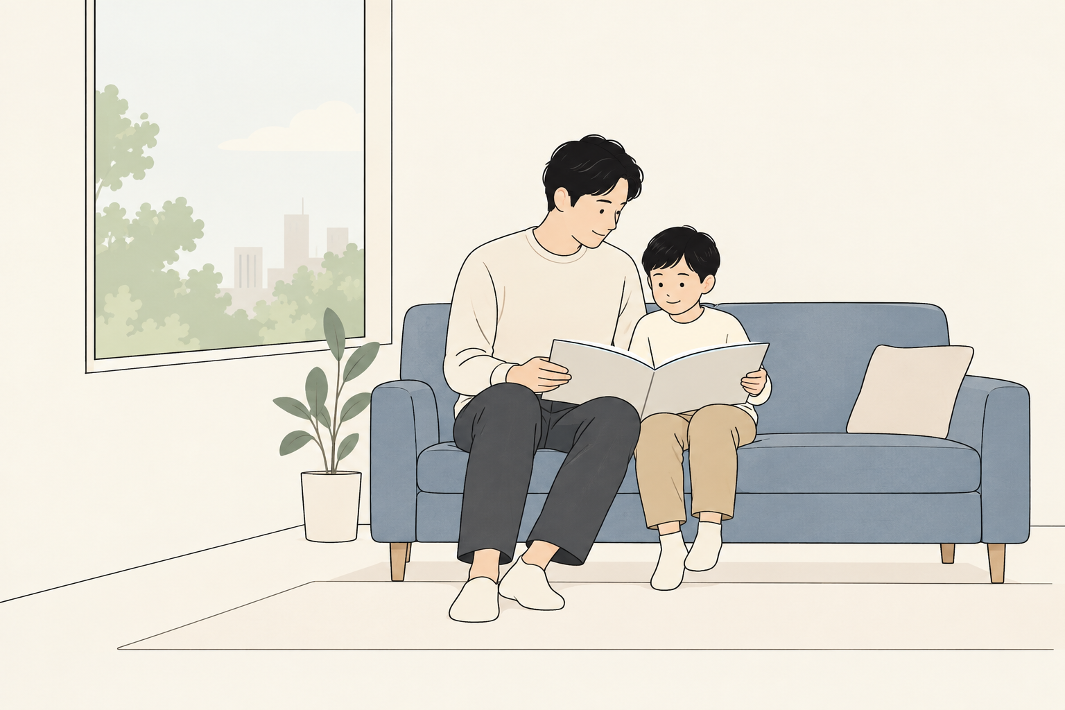 窓辺のソファで親と小学1年生くらいの子どもが一冊を一緒に開く一般的な読書場面のイラスト