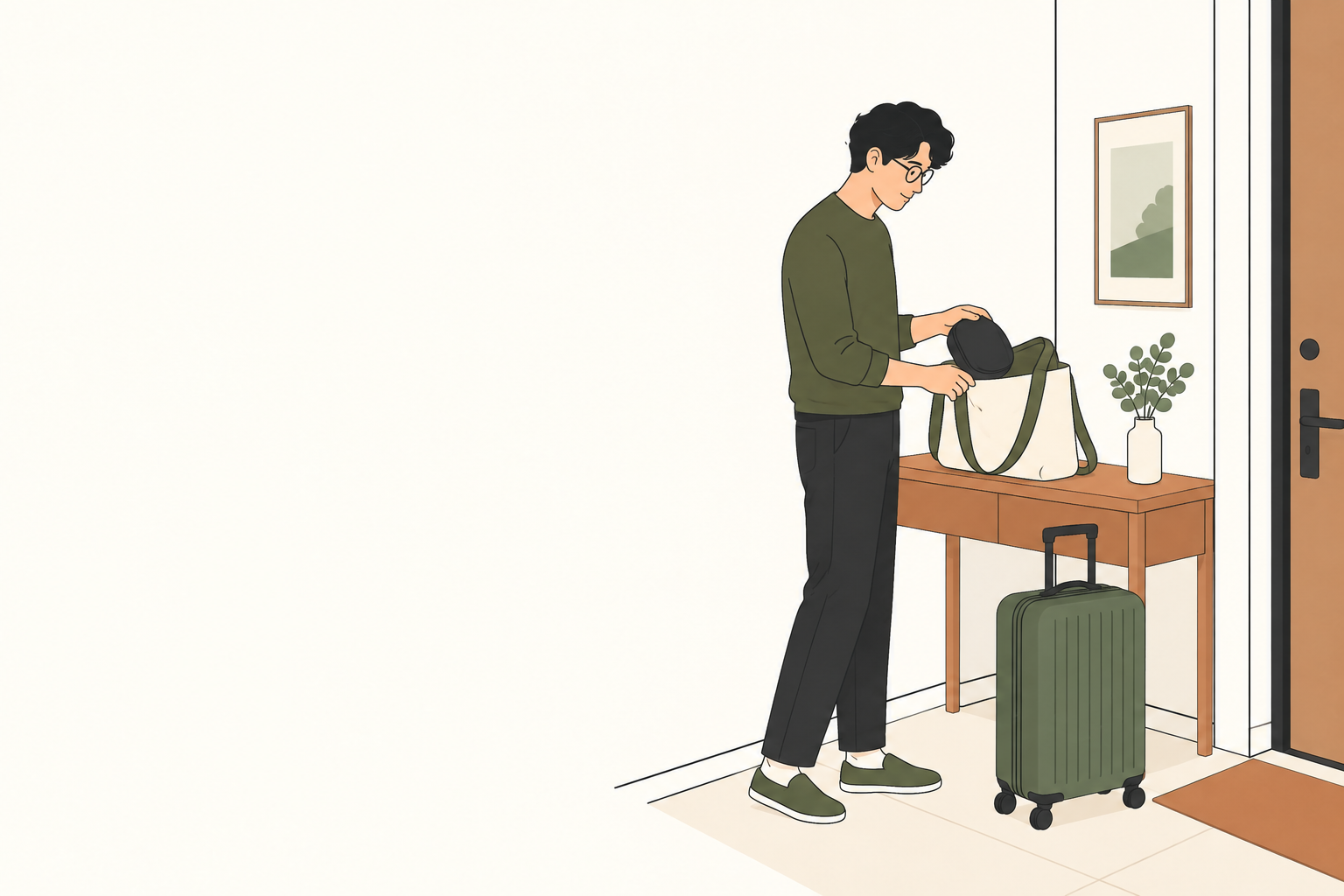 自宅の玄関でヘッドホンケースを手持ちバッグへ収める成人のイメージ