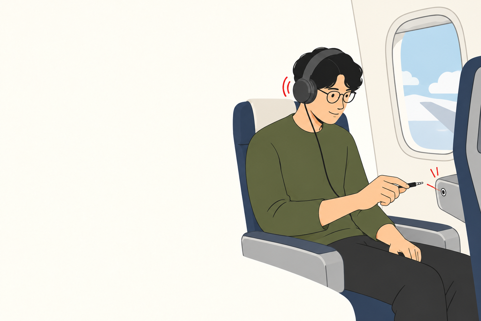 機内の座席で音声ケーブルと端子を確認する概念イラスト。端子形状は実機の仕様を示すものではありません