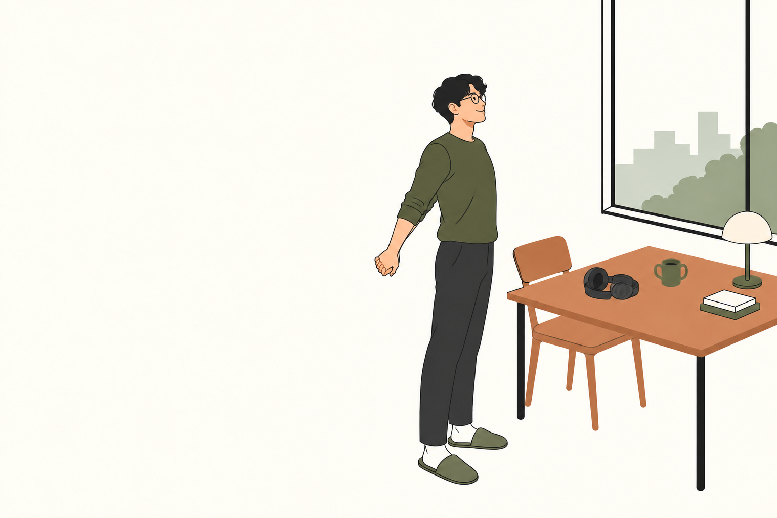 作業の休憩でヘッドホンを机に置いて体を伸ばす成人のイメージ