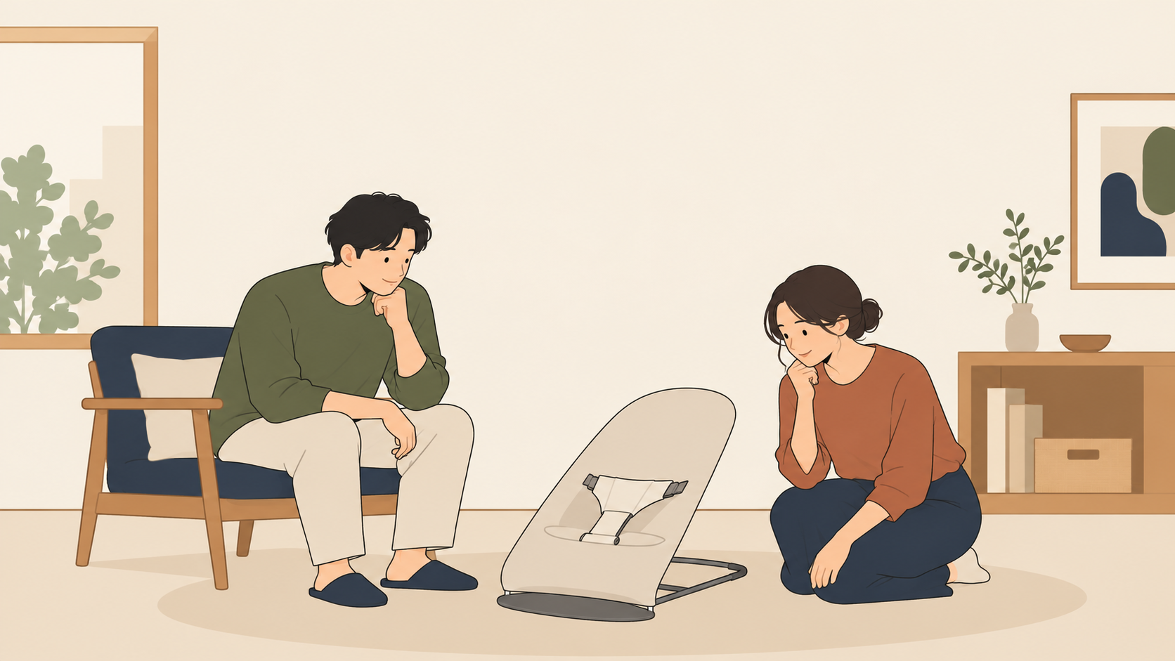 空のバウンサーを前に家での使い道を考える大人のイメージ