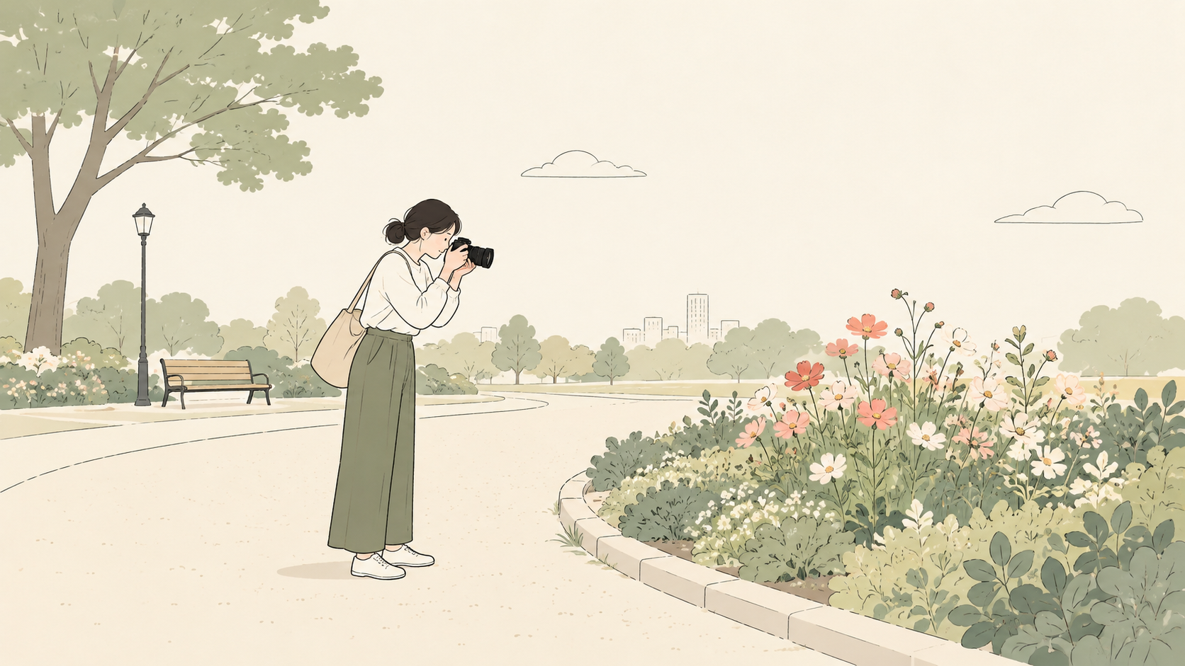 花壇の外の通路から、手持ちのカメラで花を撮る人のイラスト