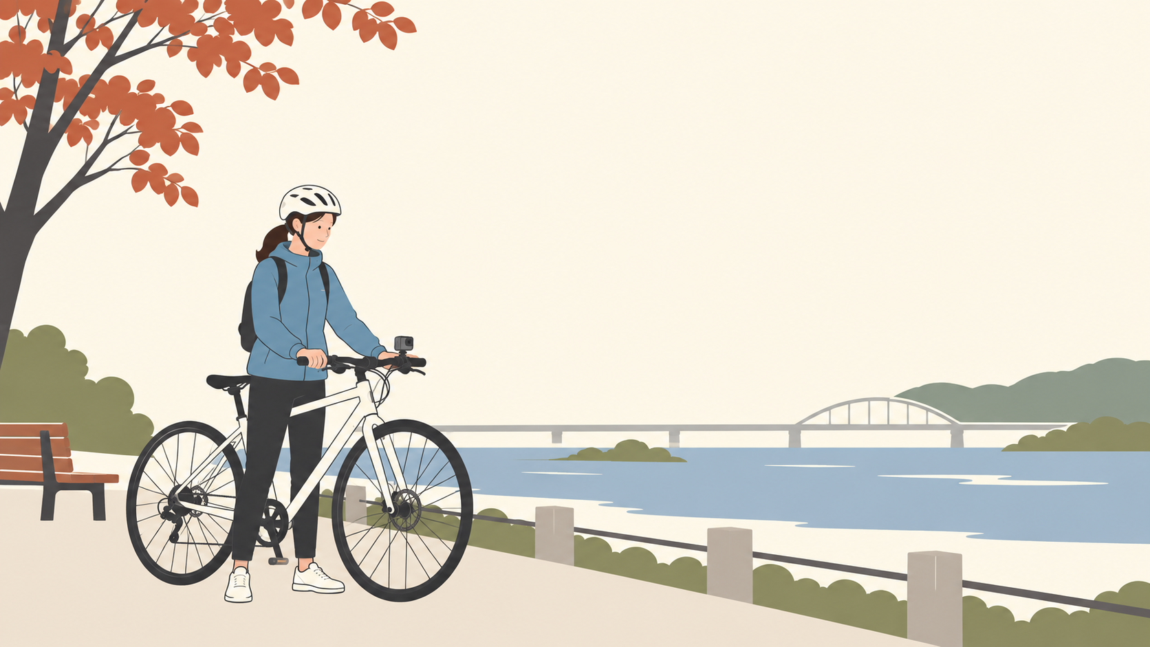 舗装路脇で自転車に付けたカメラを確認する停止中の人物のイラスト