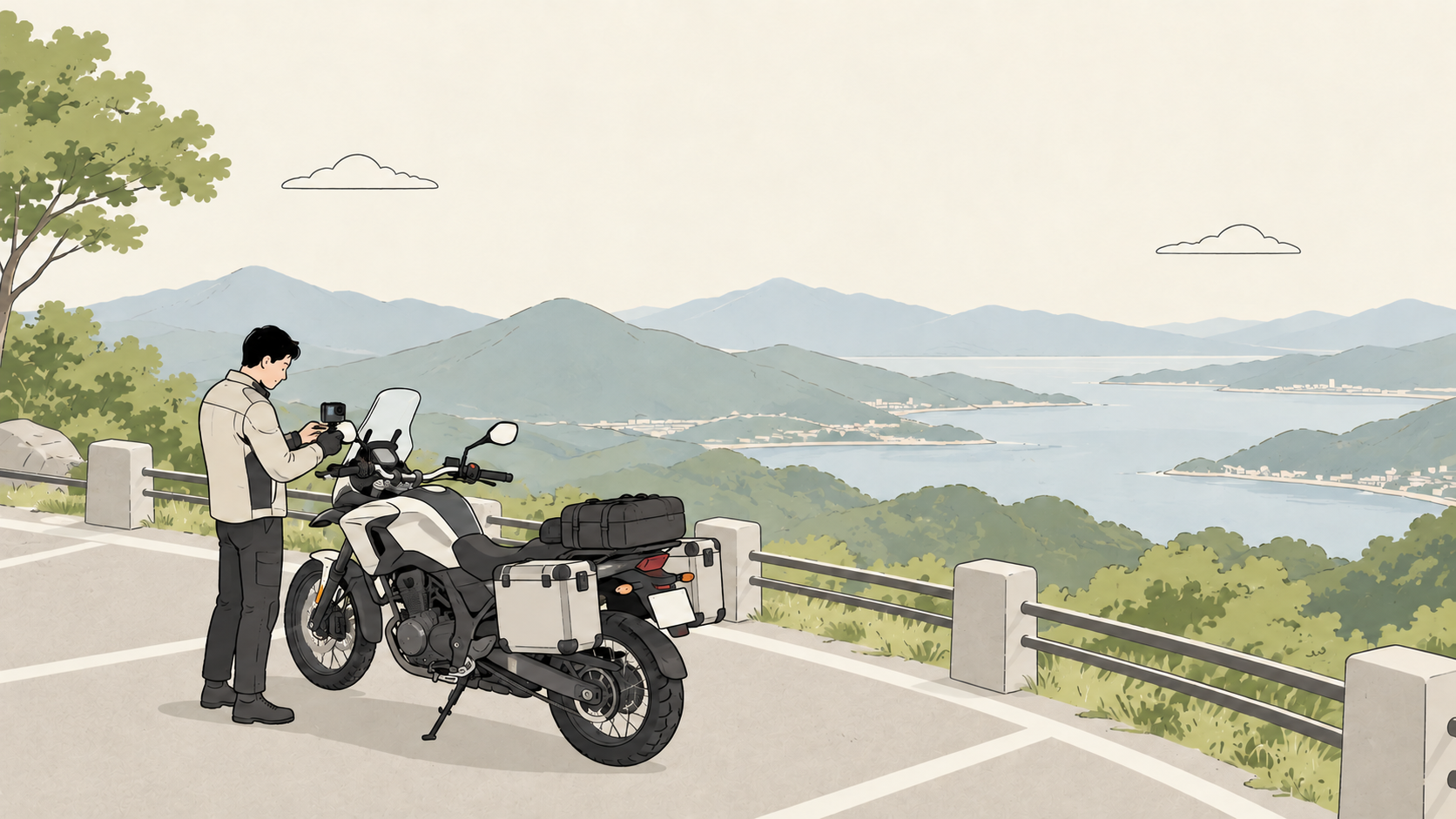 停車したバイクの脇でツーリング用カメラを確認する人のイメージイラスト