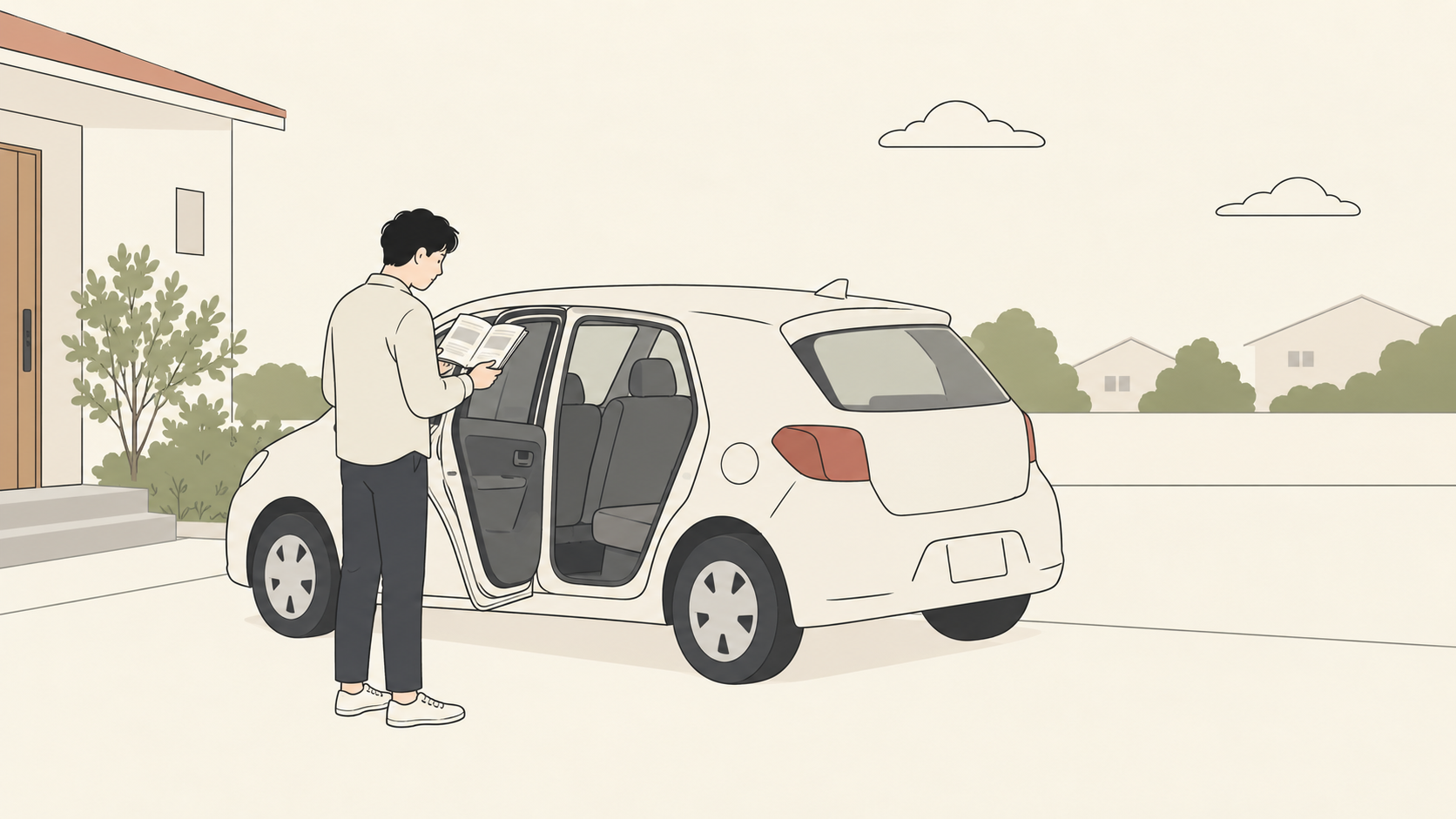 停車中の車の後席と取扱説明書を確認する父親