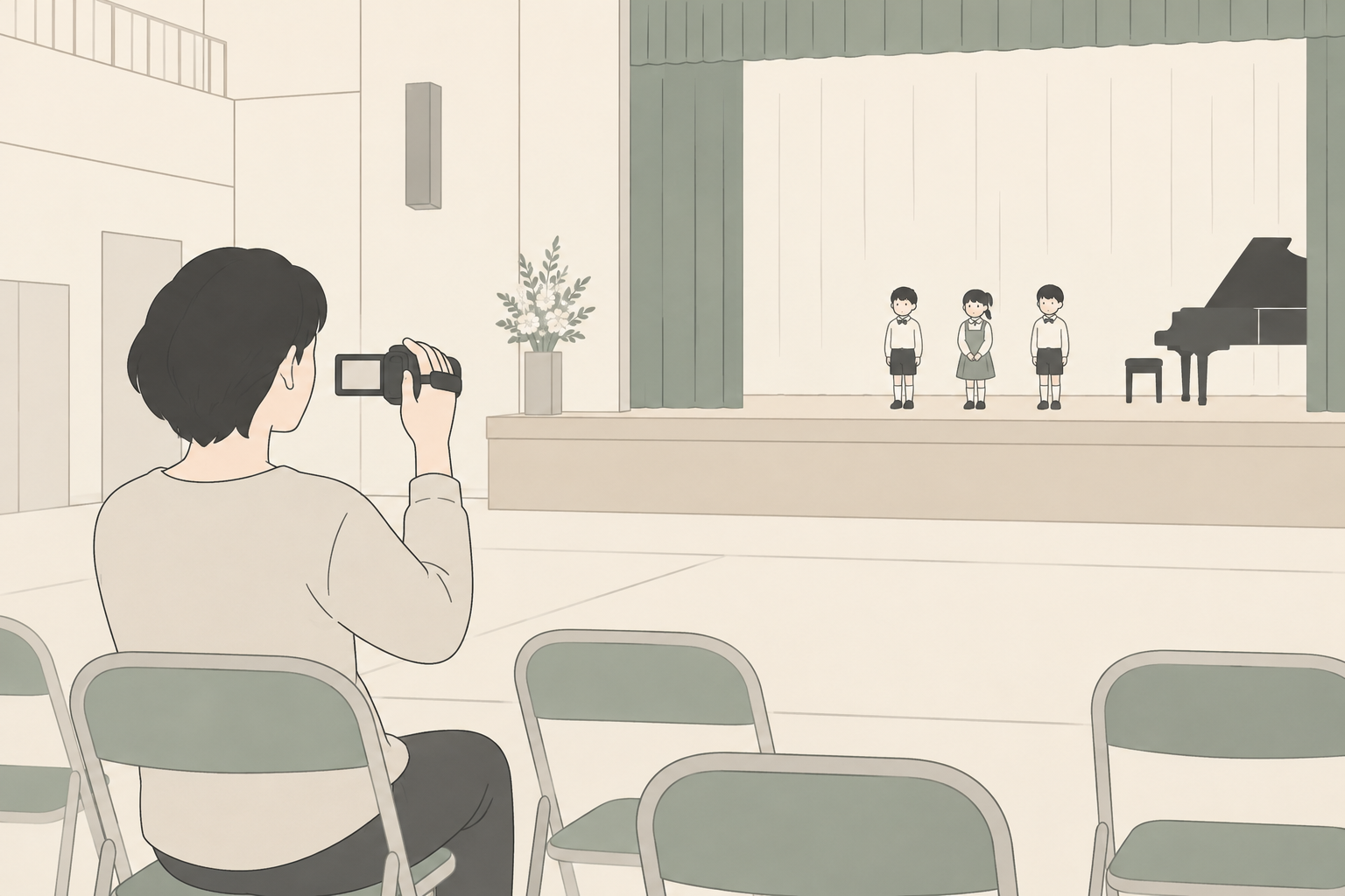 遠い舞台を客席からビデオカメラで撮る親の挿絵