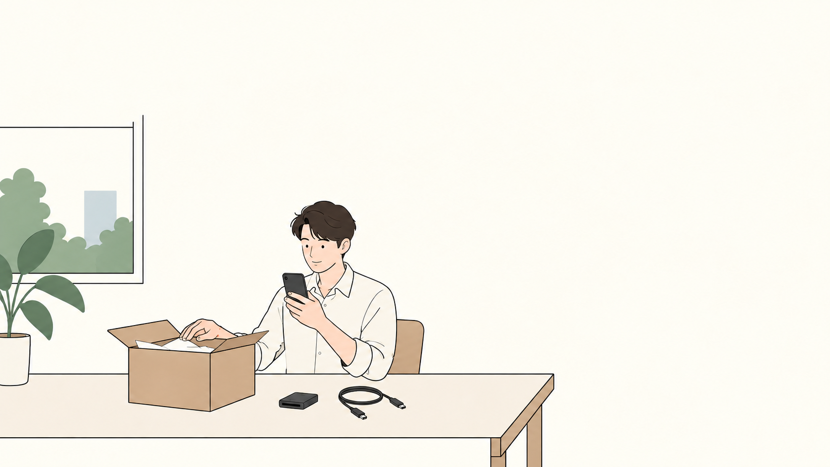 自宅で届いたレンタルスマホと箱の付属品を確認する成人のイラスト