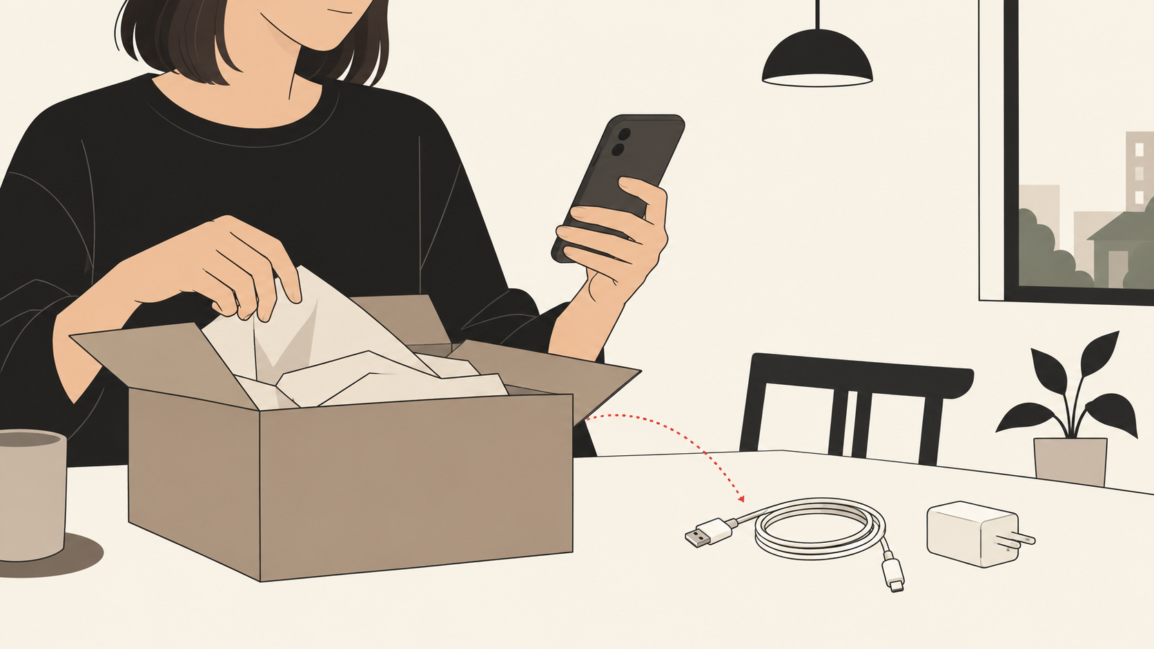 自宅で届いたレンタル商品と付属品を確認する場面のイラスト