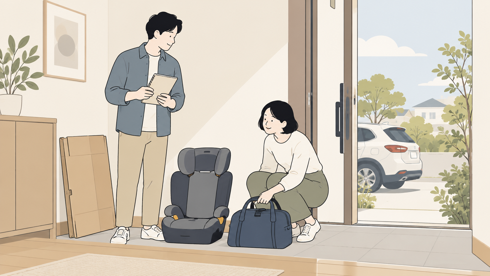 ジュニアシートと旅行の荷物を準備し、返却用の箱を保管する家族
