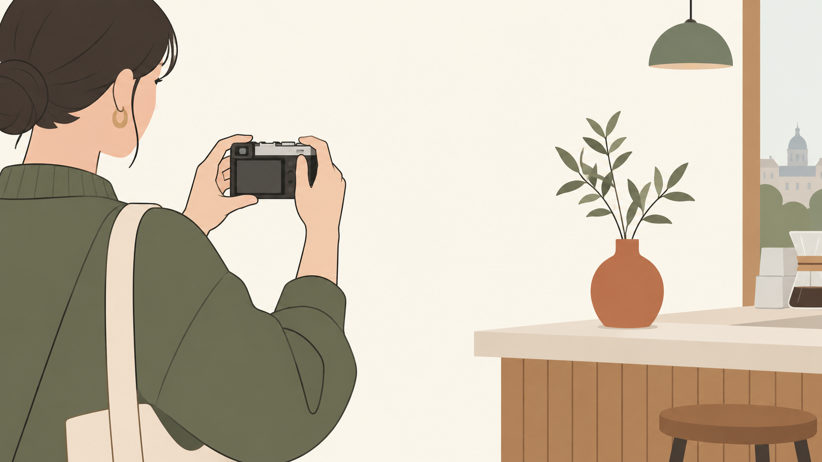 薄型レンズのままカフェの小物を撮る場面のイラスト