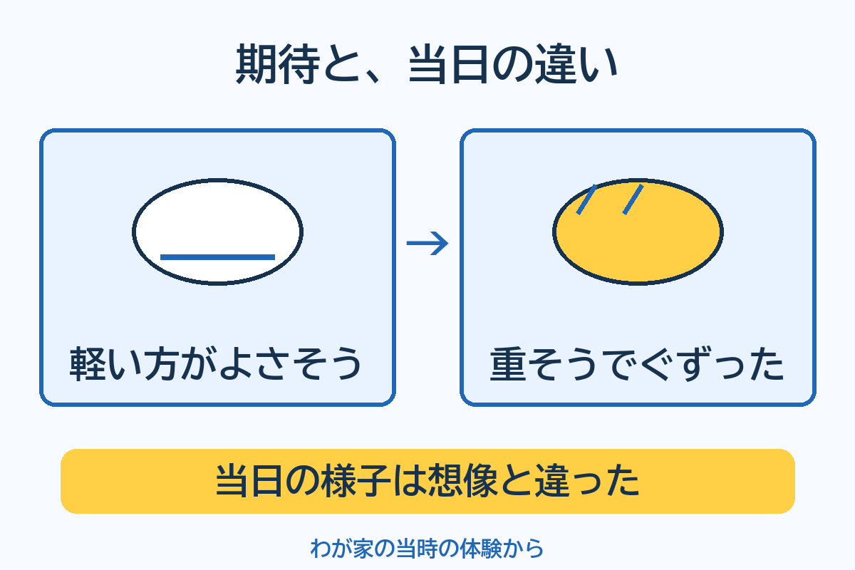 軽い方がよさそうだと思って選んだ一方、当日は子どもが重そうでぐずったという当時の体験