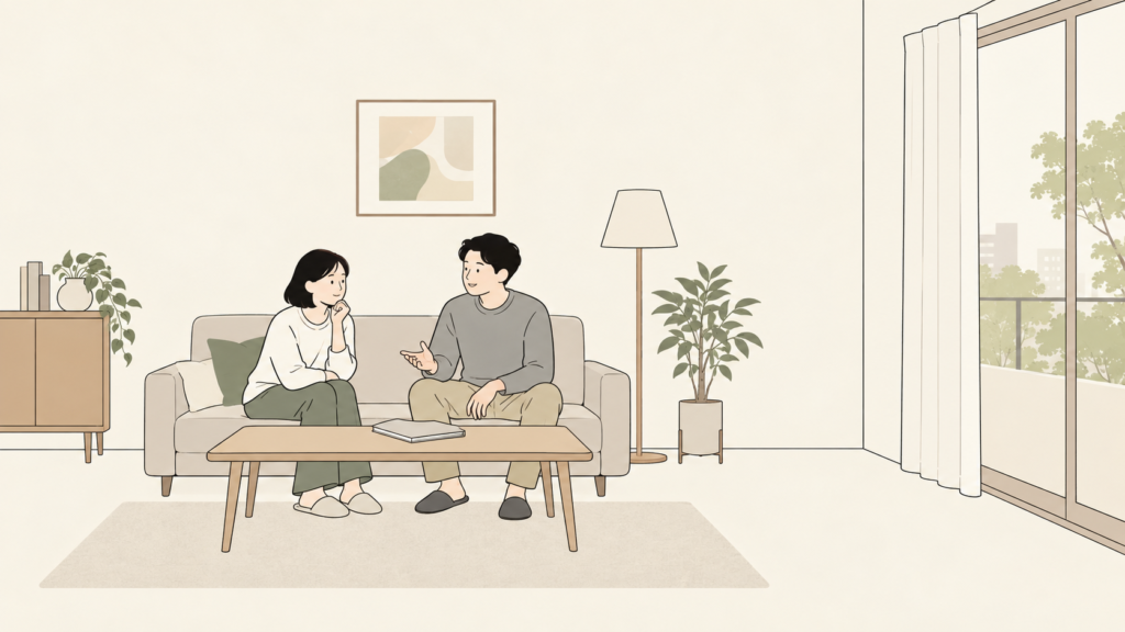 育児用品の購入前に話し合う一般の夫婦のイメージ（イラスト）