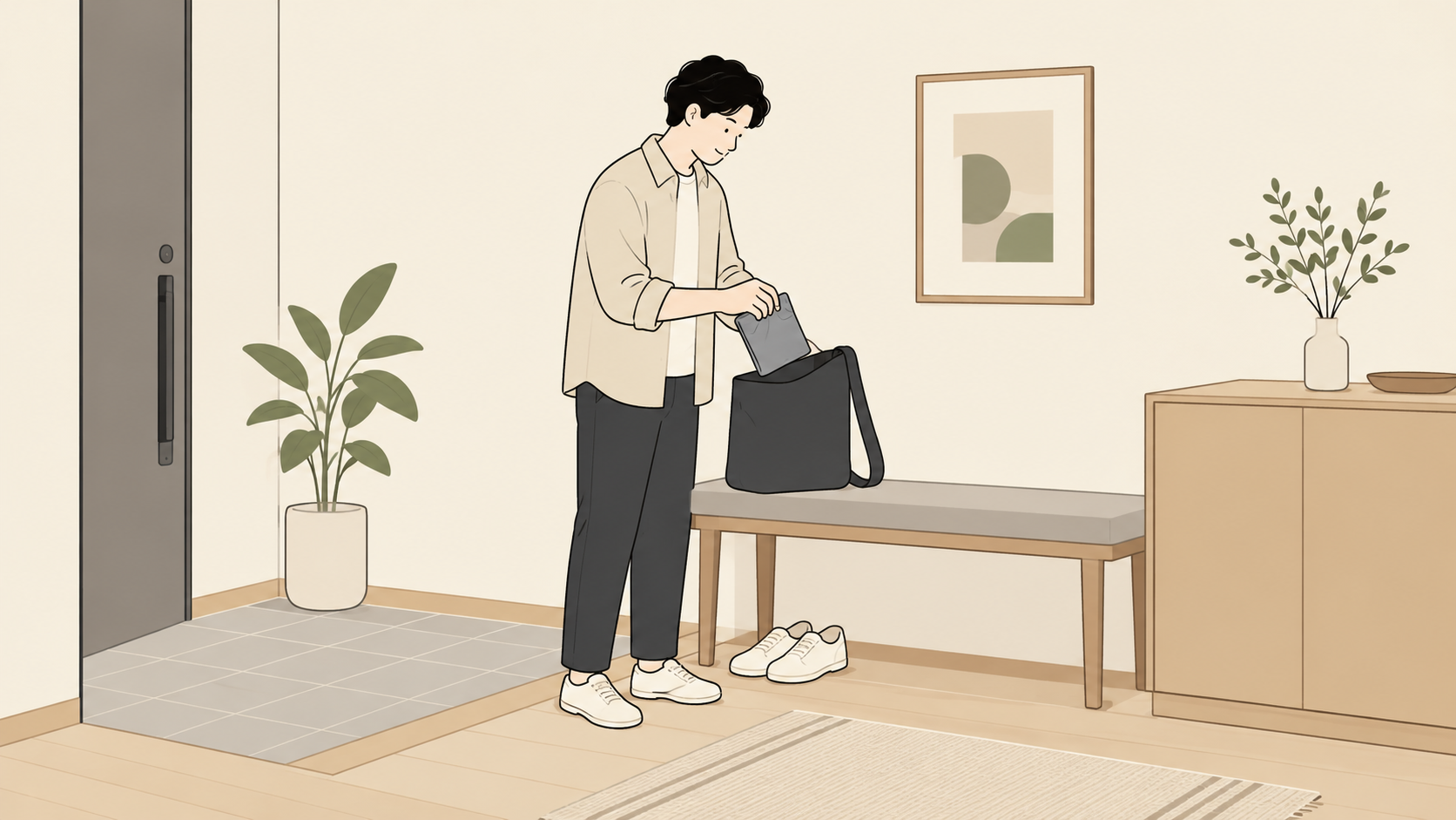小さな布の袋を普段のバッグへ収める一般イメージ