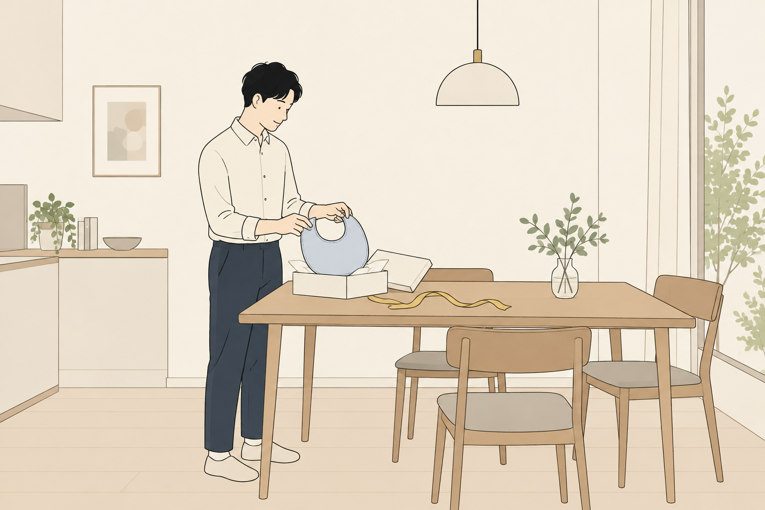 成人がテーブルで丸いスタイを贈り物に整えるイメージ