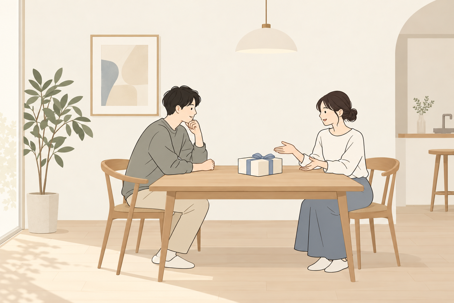成人2人がテーブルの贈り物について希望を話すイメージ