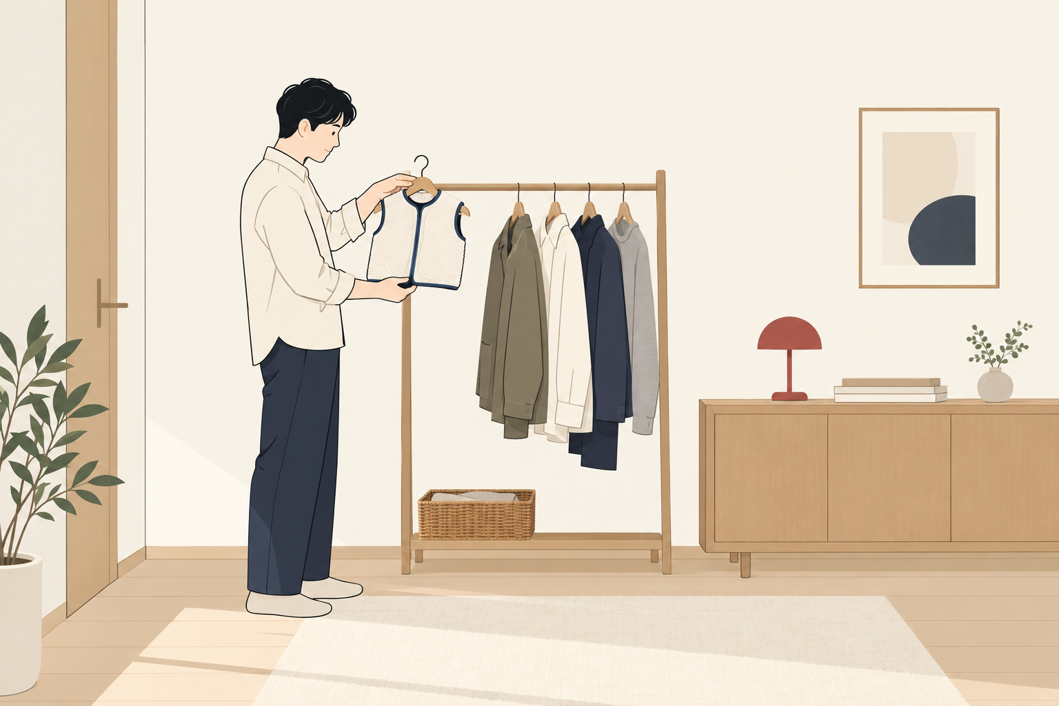 成人が小さいフリースベストをハンガーで眺める、衣類の贈り物を考えるイメージ
