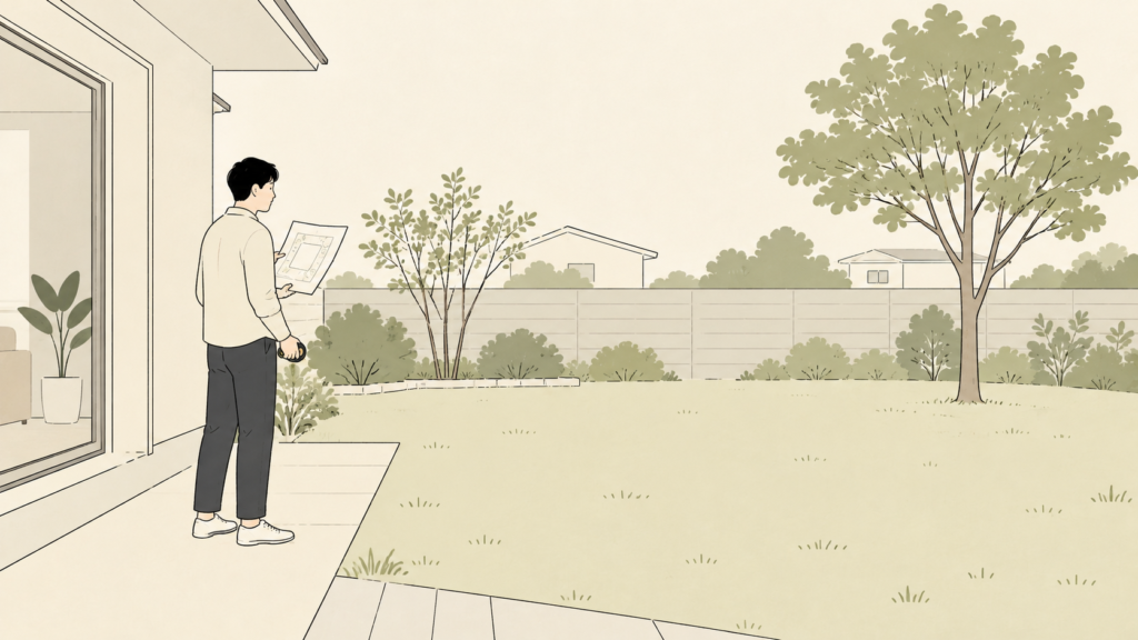 庭でDIYの計画を考える一般の成人のイメージ（イラスト）