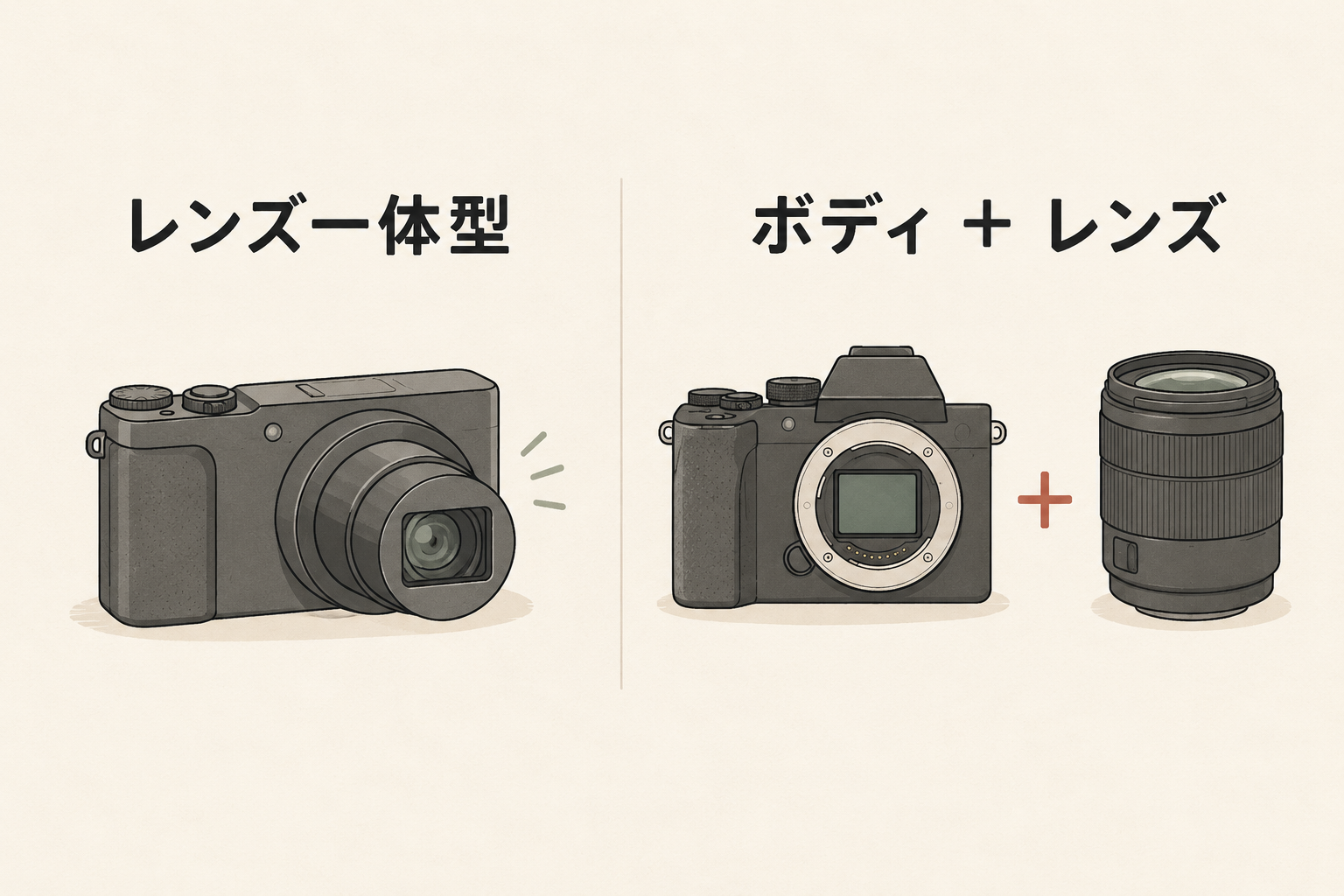 レンズ一体型のコンデジと、ボディにレンズを組み合わせるミラーレスの概念図