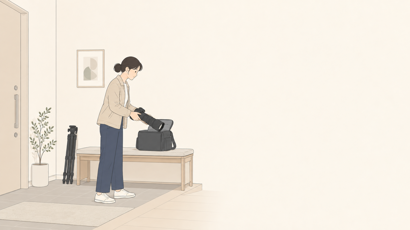 成人女性が長いレンズ付きカメラを両手で支えて、玄関のベンチ上のバッグへ収める。畳んだ三脚は床に接している