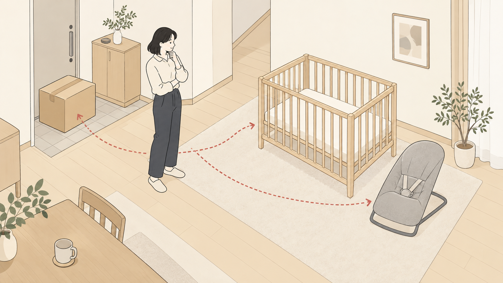 玄関近くで空のベビーベッドとバウンサーの受取準備を考える親のイメージ