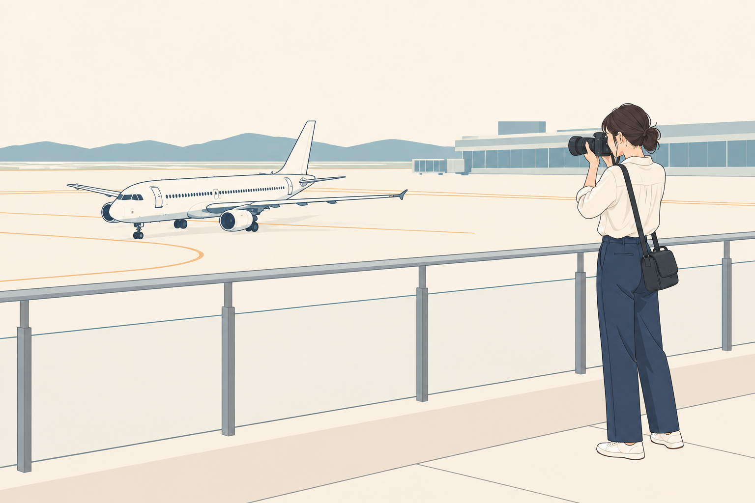 空港デッキの手すりの内側で、旅客機へカメラを構える女性