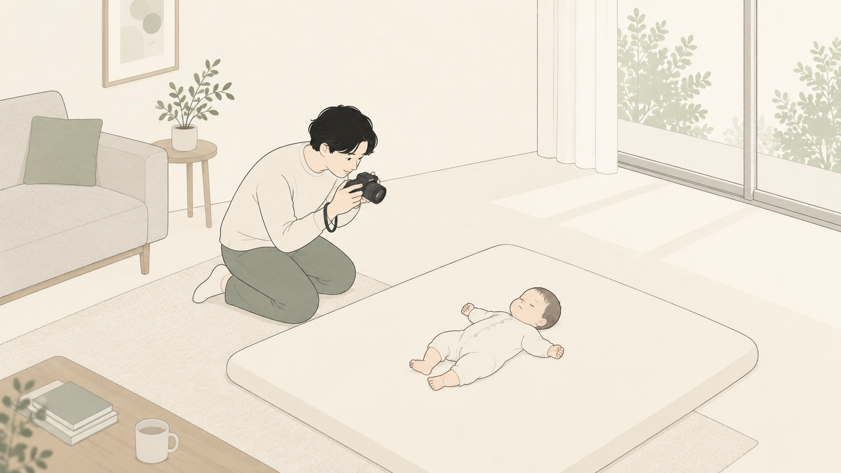 赤ちゃんの寝顔を近くから撮る親のイメージ