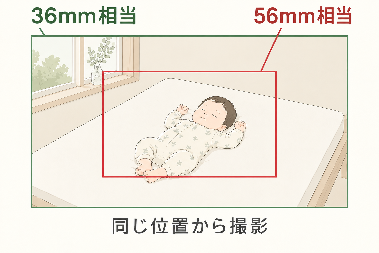 同じ位置から36mm相当と56mm相当で写る範囲を重ねた画角概念図