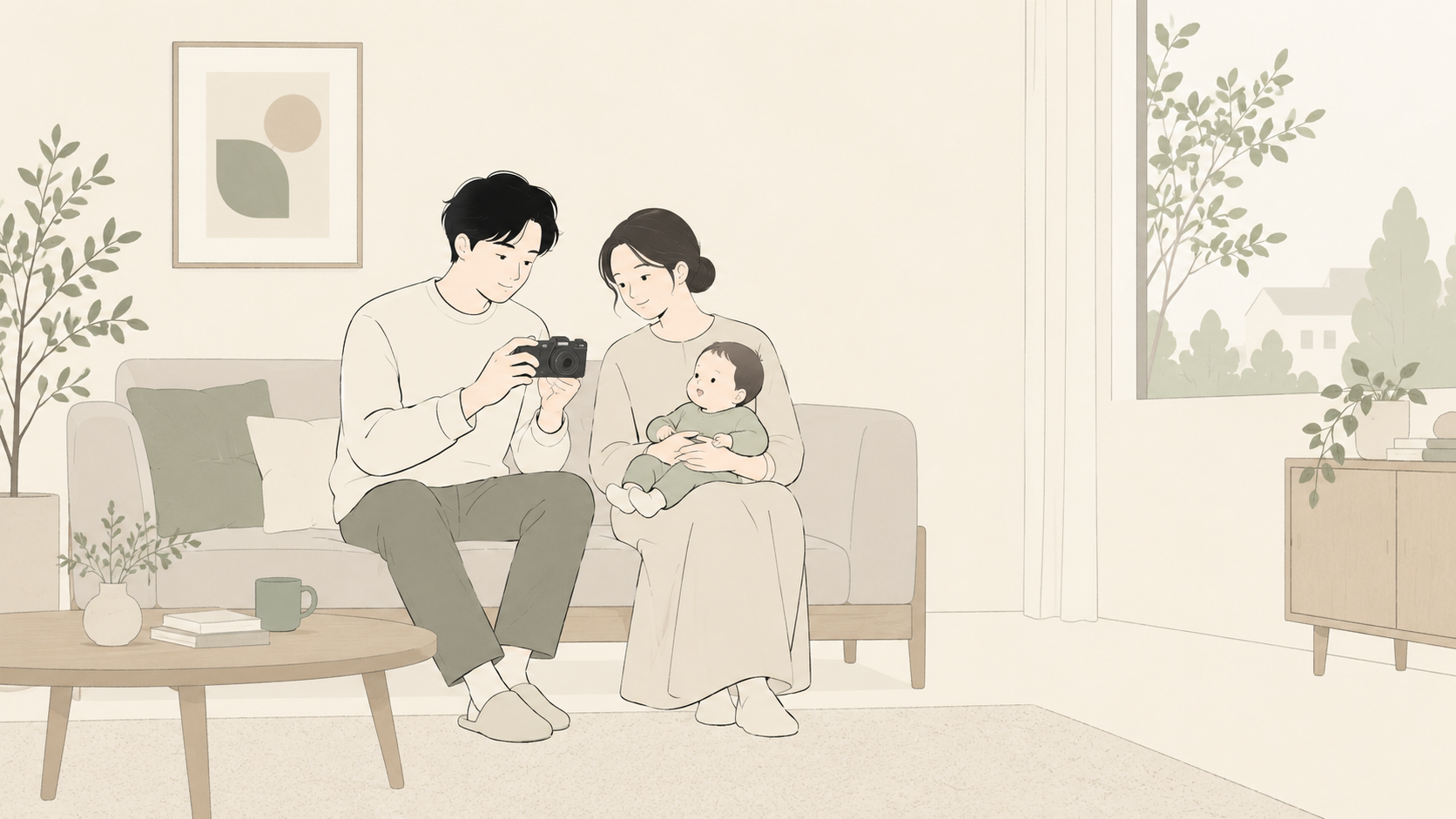 撮った写真をカメラで見返し、赤ちゃんを抱く家族と楽しむ場面のイメージ