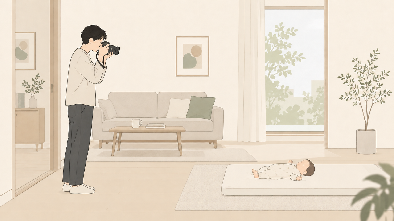 赤ちゃんから少し離れた位置でズームカメラを構える親のイメージ