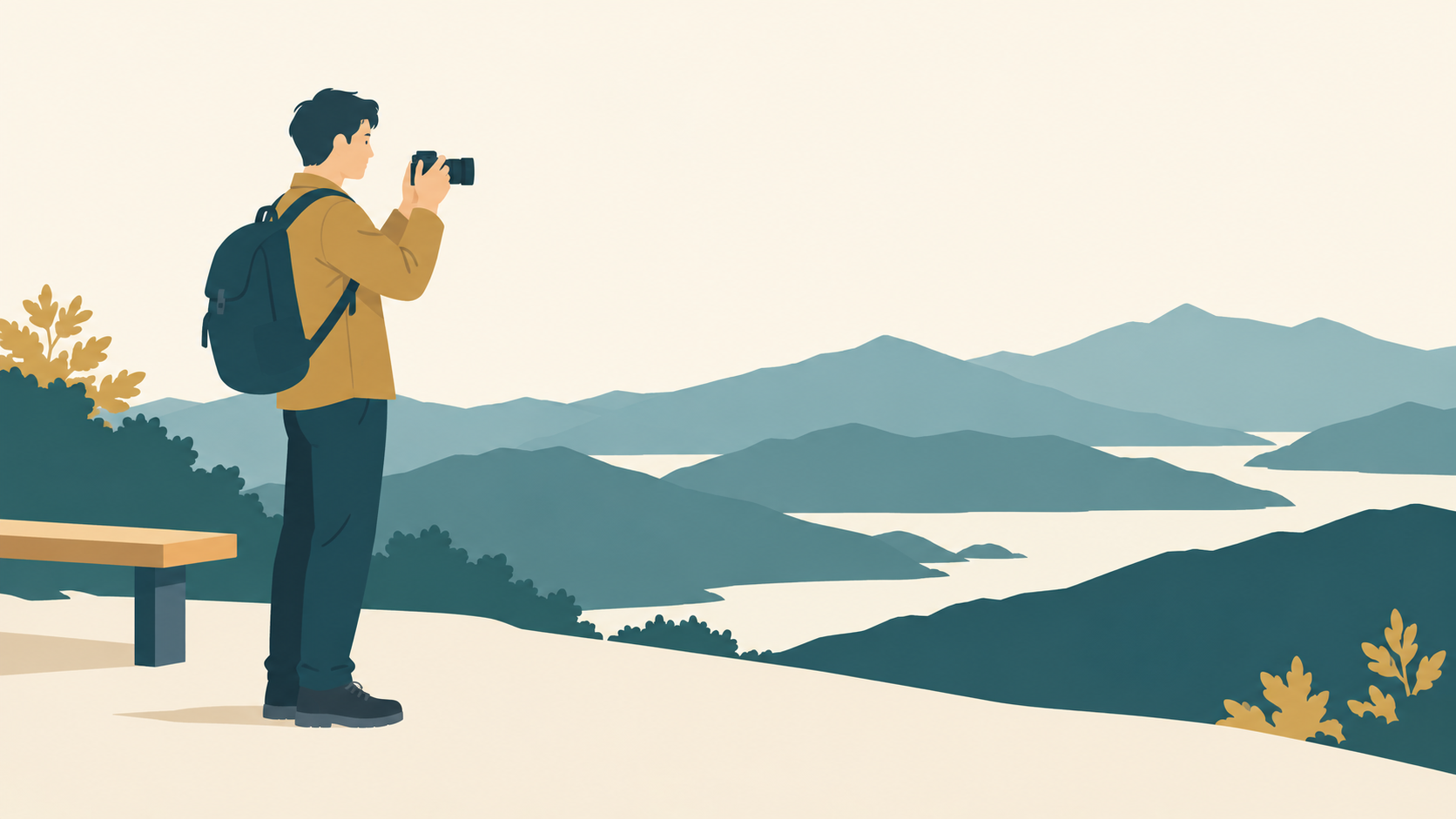 日帰りの山歩きでカメラを構える人のイメージ
