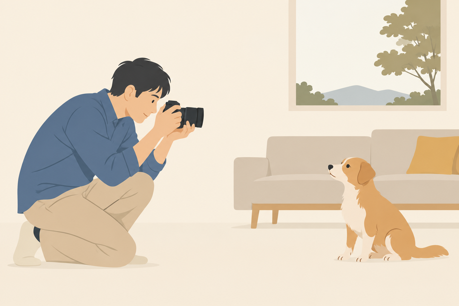 室内で低い目線から犬猫をカメラで撮る人のイメージ