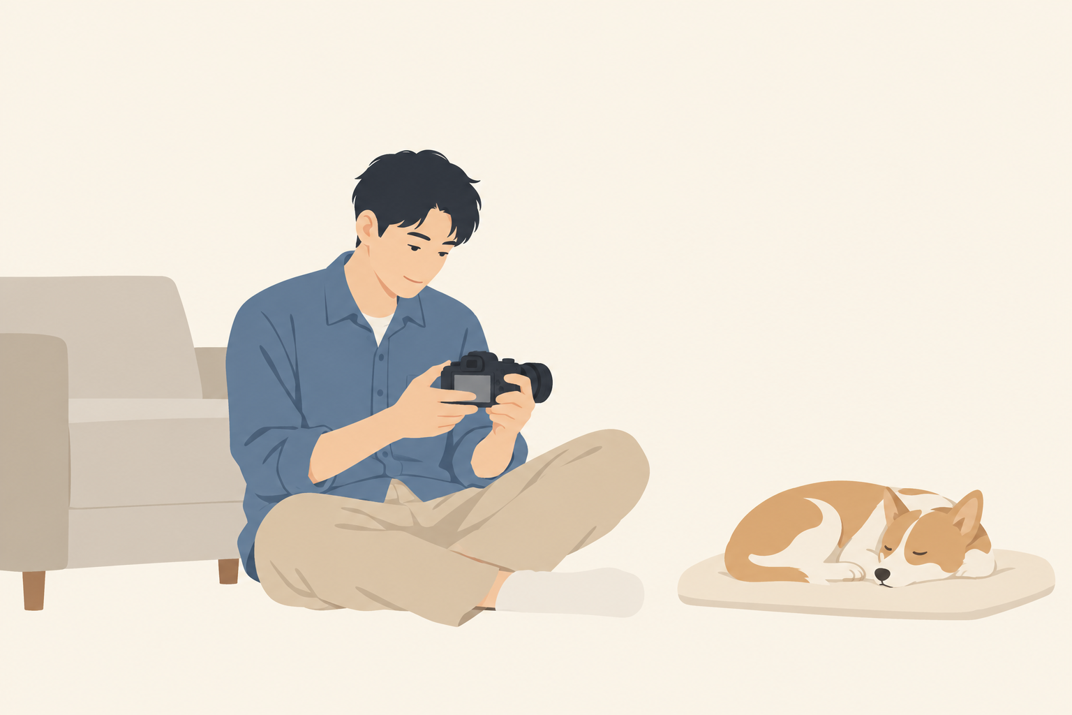 自宅で犬が眠る横で、カメラの背面画面を見返す人のイメージ