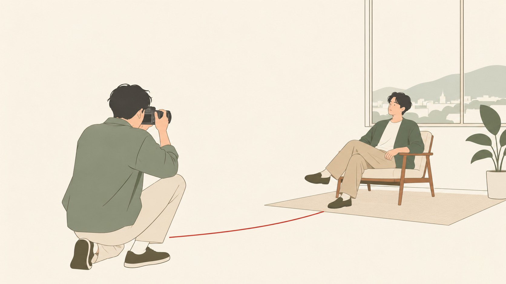窓辺に座る人物へカメラを向ける人。撮る距離を確保して表情を写す場面